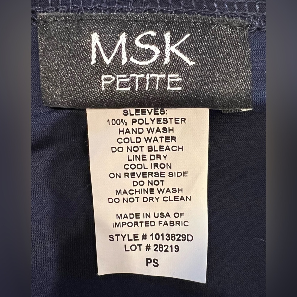 NWT MSK Womens Navy Stretch Embellished Cold Shoulder Sheer Bell Sleeve Petite S - Picture 9 of 11